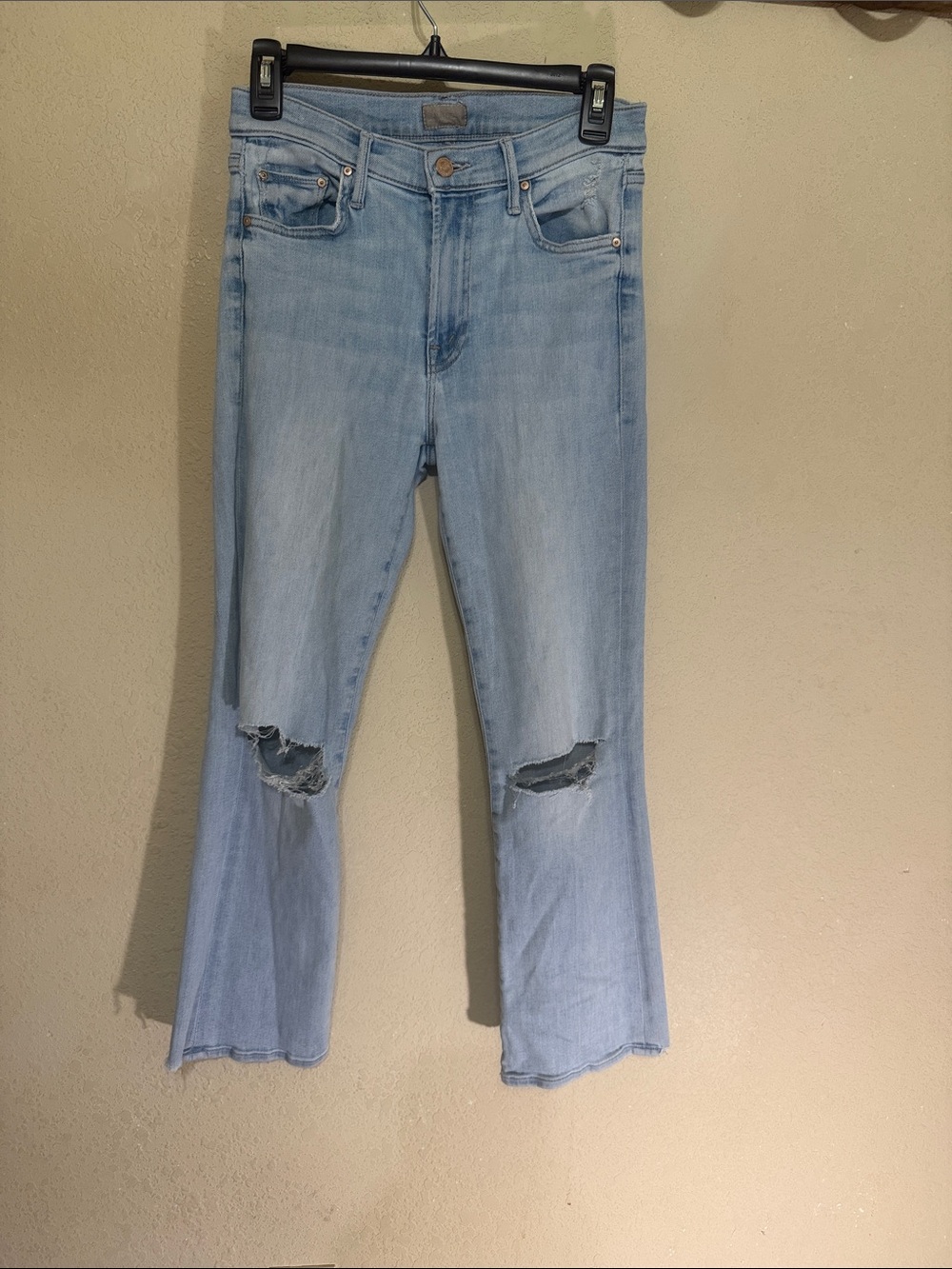 MOTHER the outside ankle crew Light Wash Distressed Flare Jeans